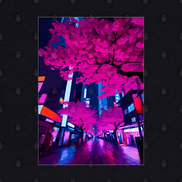 Tokyo City Japan at Night Cyberpunk Cityscape Cherry Blossom by Art-Jiyuu